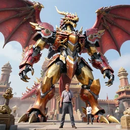 a beautiful hyperrealistic ultradetailed 3D render of a gigantic mecha dragon guarding a temple, by brian sum and stephen martiniere and Antonio Manzanedo. mech, dragon, unreal engine, octane render, PBR, 3D, brilliantly colored, intricate, wide angle, volumetric lighting, polished, path tracing