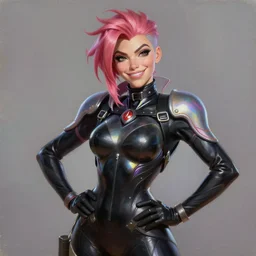 oil painting digital artwork of tracer overwatch, confident pose, wearing black iridescent rainbow latex, 4 k, expressive happy smug expression, makeup, in style of mark arian, wearing leather collar, wearing sleek armor, black leather harness, expressive detailed face and eyes,
