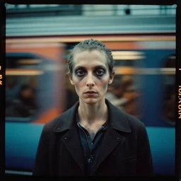 kodak portra 4 0 0, wetplate, muted colours, 2 0 0 mm lens, 1 9 3 0 s award winning colour portrait deep insight inside a train station in london alien appearance, by saul leiter, insanely detailed, insanely intricate, depth of field, motion blur, blueberry teal orange colours