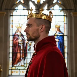side - view portrait of a man wearing a golden crown, buzzcut, stubble, he wears a red coat, gothic stained glass window, very masterful, royal, backlit