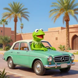 side photo of a kermit the frog driving a mercedes in marrakech, morocco, palm trees, 8 k, octane render, hyperdetailed, illustration, digital painting, oil painting