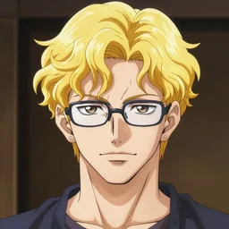A man with blonde curly hair wearing glasses, blonde man, anime art, Hirohiko Araki, Hirohiko Araki artwork, araki art, 4K