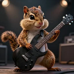 a high detail shot of an anthropomorphic Chipmunk as a heavy metal guitarist, playing electric guitar, photorealism, volumetric lighting, epic lighting, hd