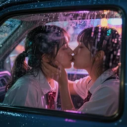 close up through steamy window highschool kids making out in a car at night, raining!!! steamy windows!!, colorful!!, nighttime!!