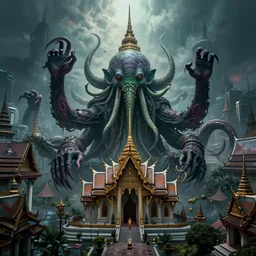 Bangkok being invaded by Cthulhu. There is a wat in the center. horror. surreal. digital art. trending on artstation. HD. 8K. highly detailed. good lighting. beautiful. epic. masterpiece.