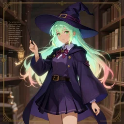 character sheet of short female student witch, library magic school uniform, nerd, luminous hair color, by greg rutkowski and studio ghibli, digital art, trending on artstation, highly detailed, concept art, beautiful, masterpiece