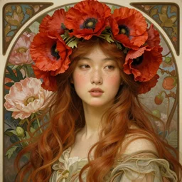 Pre-raphaelite portrait painting of a beautiful asian girl with freckles, wearing a flower headpiece made of red poppies, long flowy hair, surrounded by big flowers, porcelain skin, cinematic lighting, photo realistic, highly detailed, maya, digital painting, artstation, concept art, sharp focus, illustration, by Mucha