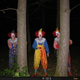 clowns hiding behind trees trailcam 4 k hyper realistic night