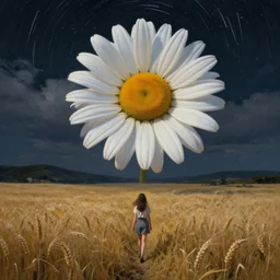 giant daisy flowers as a head, girl walking in wheat field, hills, surreal photography, dark night, star trails, dramatic light, impressionist painting, clouds, digital painting, artstation, simon stalenhag