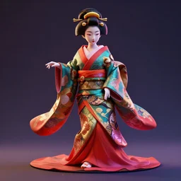 3D artwork of Geisha made by Roger Magrini, ArtStation, vibrant colors, dynamic dramatic shot, cinematic angle from the ground, 8k quality.
