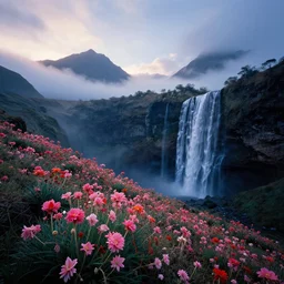 landscape photography, alien sifi flowers, high waterfalls and mountains, cold lighting, morning hour, mountains, clouds, beautiful, kodachrome, 4 k, hd