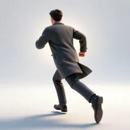 a man running away fast, full body view, coat, back view, back lit, back lighting, hyper realistic, 3 d render