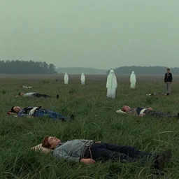 grassland farmland, cassette futurism, existential horror, people sleeping, ghosts, atmospheric haze, film. illustration by edward hopper, norman rockwell. film still, 1 6 mm cinematography