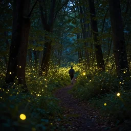 an enchanted forest full of fireflies, night, warm light