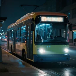 trolleybus stands at a stop, headlights shine with neon light, atmospheric, futuristic, cyberpunk, ray tracing global illumination, 8 k resolution, ultra detailed