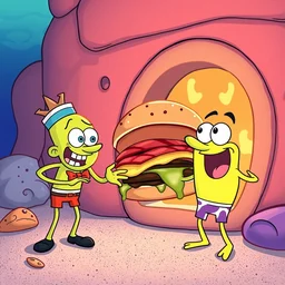 with patrick's help, mr. plankton and morty finally steal the secret of krabby patty burger in bikini bottom, fantasy cartoon high resolution trending