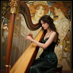 portrait anime girl playing harp by tian zi and wlop and alphonse mucha, full body portrait, intricate, face, elegant, beautiful, highly detailed, dramatic lighting, sharp focus, artstation, frostbite engine