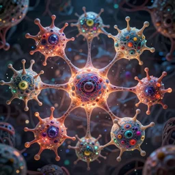 quantum connections represented as symbiotic organisms like cells playing around with colorful lights by ernst haeckel, prismatic view
