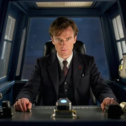film still of hugh laurie as doctor who inside the tardis cockpit in the new doctor who series, 4 k
