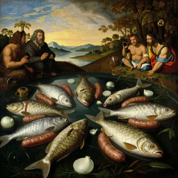 pond of kobe fishes, fishes made of onion and sausage, by giuseppe arcimboldo, by ambrosius benson, by fernando botero, realistic, renaissance, zoomed out, epic composition, japanese ceremony