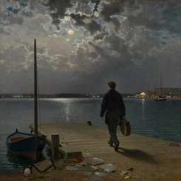“Nightime walk by the waterfront docks” by Dutch romantic painter Petrus van Schendel
