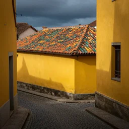 old street photography, yellow walls, dramatic lighting, colourful tile roofs, typical cobblestone streets
