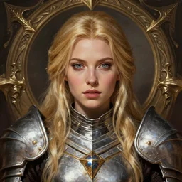 head-on centered symmetrical painted portrait, Elisha Cuthbert as a paladin, blonde hair, Brilliant RPG armour, dramatic lighting, intricate, fantasy, intricate, elegant, highly detailed, digital painting, smooth, sharp focus, illustration, dramatic lighting, artstation, in the style of Artgerm and Anna Podedworna