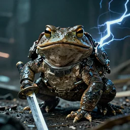 a photo of  a huge wide toad in a futuristic armor with katana sword,  cyberpunk, hyper realistic, hyper detailed, volumetric lightning,  Filmic, Cinematic, Dramatic, Film Grain, Kodak Portra, Depth of Field, octane render, 8k, raytracing