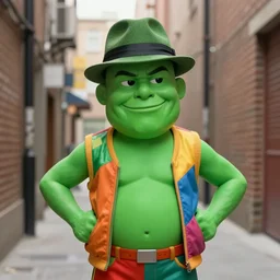 Green man with a smug face and a fedora, wearing colorful outfit, uneven arms, in an alleyway, photo