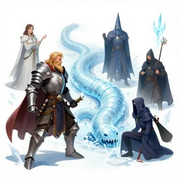 a fighter, paladin, barbarian, bard, wizard, and rogue triumph over an ice worm, fantasy
