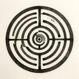 a circular labyrinth stamped in black ink on off white paper, symmetrical