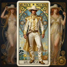 a dramatic ethereal epic symmetrical painting of a handsome cowboy in a white gold outfit | tarot card, art deco, art nouveau,  (steampunk), homoerotic, realistic | by Greg Rutkowski, by Mark Maggiori and ((((Alphonse Mucha))) | trending on artstation