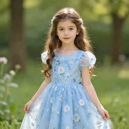 anna the flower princess, wearing a light blue flower patterned dress, brown hair, 2 7 years old, trending on artstation, long shot!!, aesthetic photograph.
