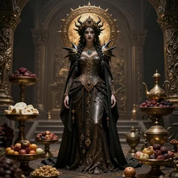 a full body portrait of a goddess of feast and famine, ominous, cinematic shot, realistic, photography, fantasy, ornate, intricate detail, photorealistic, epic, high definition, 8 k, midjourney,