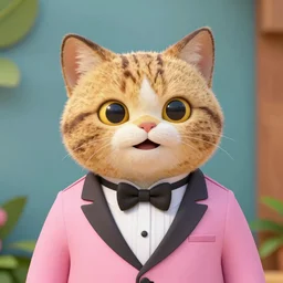upper body portrait of a happy male anthropomorphic cat in a pink tux, in the style of zootopia