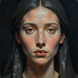 detailed portrait, high priestess, realistic face sculpted features, ethnic, clear eyes, statuesque, tech noir, jewel, lit from within, chiaroscuro, tangible, peach fuzz, organic impressionism, deep backdrop, natural colors, illustration, painterly
