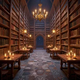 vast library, bookshelves, wooden banks, wooden tables, mosaic stone floor, passages, cel shading, 3 d art, 3 d cg, digital art, mixed art, celestial, majestic, mystical, cinematic light, candles, chandelier, lanterns, soft light