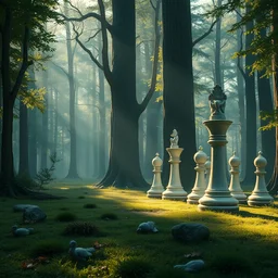 a magical forest with huge chess pieces, 8 k, matte painting, early morning light, cinematic light, in the style of martin johnson heade and mc escher and ernst haeckel,
