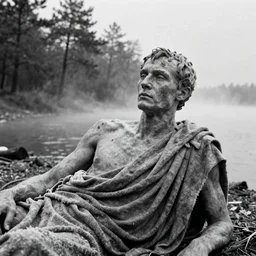 1 9 6 0 s movie still close up of a skinny emperor marcus aurelius with frozen face and a frozen toga, laying down on the danube's shore pine forests, cinestill 8 0 0 t 3 5 mm b & w, high quality, heavy grain, high detail, texture, dramatic light, anamorphic, hyperrealistic, foggy