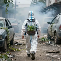 a photo of a boy wearing a hazmat suit with a clear glass backpack containing small plant, walking away from the camera, smoke in the background, filthy streets, broken cars. Vines growing. Jpeg artifacts. Full-color photo. Color color color color color. Award-winning photo. OM system 12–40mm PRO II 40mm, 1/100 sec, f/2 8, ISO 800