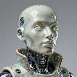 bladerunner, cyberpunk, full head,  facial portrait of a  ceramic mech humanoid robot Spanish ninja looking to the sky with an attractive bald head and handsome features, large glowing eyes, macho, dotado, guapo, reflective surface, overwatch, trending on cgsociety, trending on artstation