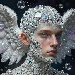 realistic extremely detailed diamond 3d fractal lace iridescent bubble 3d skin photo style portrait painting of an average angel man with exposed clear brain , retro futuristic ,water , style hybrid mix of beeple,Anton Pieck,Jean Delville, Amano,Yves Tanguy, Alphonse Mucha, Ernst Haeckel, Edward Robert Hughes,Stanisław Szukalski and  Roger Dean, rich moody colors,diamond dust glitter and sparkles,granular detail krypton ion,blue eyes,octane render,4k,f32