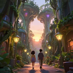 disney pixar cgi, two friends walking down narrow ally between futuristic organic giant tree buildings, sunset, organic bioluminescent street lights, forest canopy understory, cinematic lighting, octane render, digital art, highly detailed, artstation cgsociety masterpiece
