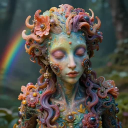 hyperrealistic close-up baroque psychedelic!! organic humanoid!! peaceful kind spirit of nature highly detailed concept art eric zener elson peter cinematic hard rainbow lighting high angle hd 8k sharp shallow depth of field, inspired by Zdzisław Beksiński