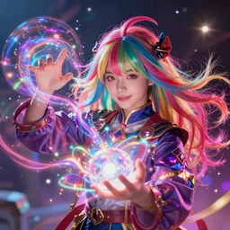 girl sorcerer with colorful hair, learning how to use magic. radiating colorful energy. photorealistic, magical atmosphere,, holographic undertones, highly saturated colors, by kan liu, andreas rocha, guillaume tholly, gthl. art, makoto shinkai, genshin impact, studio ghibli. trending on artstation. award winning, daily deivation