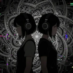 two lesbian anime girls wearing headphones, esoteric fractal mandelbrot background, dark and gothic, intricate, somber, in the style of desmond paul henry, opengl, stylized, japanese, artstation, highly detailed, noisy and glitched, signal interference, resonant, vhs glitch, expired film, amazing composition, 4 k