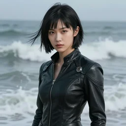 rolling, crashing waves, youthful asian blade runner demure, ultra realistic, 3 5 mm, exquisite features, feminine cut, pris mascara, highly detailed, 2 0 4 9's frontiers in flight leather suit, detailed face, 8 k, smoke, grain, misty, stephane sednaoui, ultra realistic, id magazine photoshoot