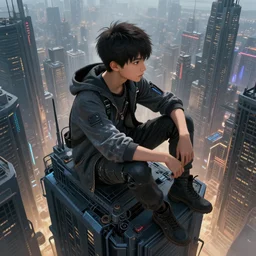 a teenager boy with techwear sitting on top of a skyscraper looking over the cyberpunk city, highly intricate detailed, light and shadow effects, intricate, highly detailed, digital painting, artstation, concept art, smooth, sharp focus, illustration, advanced digital art, atmospheric lighting, detailed face, 8 k, hq