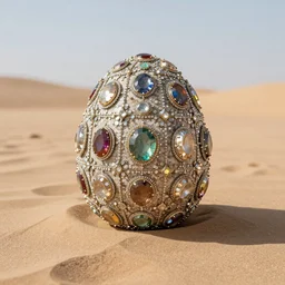 a big stone egg encrusted with jewels lying on a desert sand