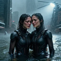 cinestill 5 0 d candid photographic portrait by steve mccurry of two loving female androids sobbing wearing rugged black mesh techwear in treacherous waters, flooded city, long shot, retrofuturism cyberpunk moody emotional cinematic, pouring iridescent rain bright spotlight helicopter, 8 k, hd, high resolution, 3 5 mm, f / 3 2, ultra realistic faces, ex machina